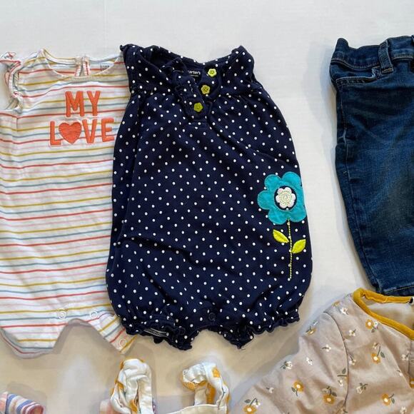 Baby Girl Bundle - 9 items, rompers, dresses, jeans, quilted jacket, 6-12mos. - Picture 2 of 9